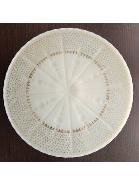 Vintage Anchor Hocking Milk Glass Pedestal Cake Plate Stand Fleur De Lis 10"